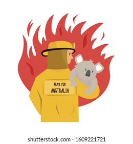 Flat Illustration Of A Brave Fire Fighter Saving Koala From Fire