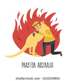 Flat Illustration Of A Brave Fire Fighter Rescuing Kangaroo From Fire