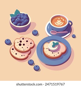 flat illustration of breakfast with toast, coffee and blueberries