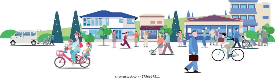 Flat illustration of a bright, clean street and welfare services where diverse people coexist (copy space, layered, editable)