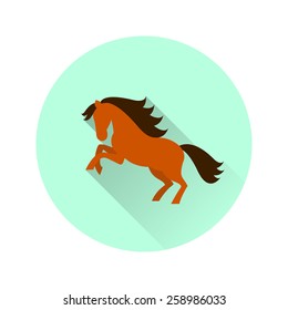 Flat illustration of brown horse with black mane and long shadow on a blue background.