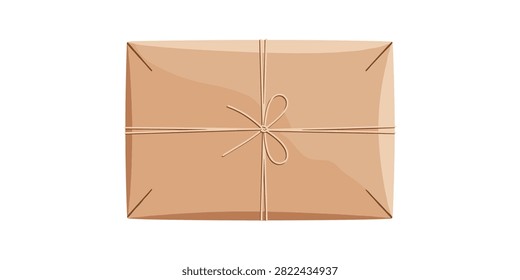 A flat illustration of a brown paper parcel tied with string, isolated on a white background, representing shipping and delivery.