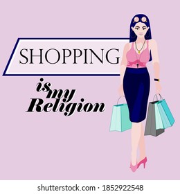 Flat illustration of brunette girl walking in blue skirt, pink blouse, and pink shoes, holding packages from shopping and background text "Shopping is my religion"