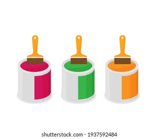 Flat illustration Brush on paint cans top view.