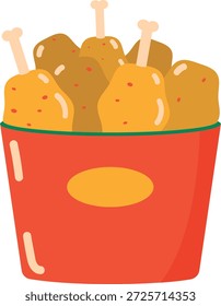 Ilustración plana de un cubo lleno de piezas de pollo frito, perfecto para la marca de comida rápida, menús y visuales de comida reconfortante.