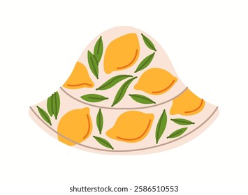 Flat illustration of a bucket hat featuring a bright lemon pattern with green leaves, designed for a fresh and cheerful summer outfit.