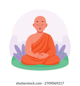 Una ilustración plana de un monje budista sentado en una pose meditativa