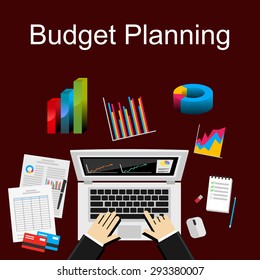 Flat illustration of budget planning, market analysis, financial accounting.