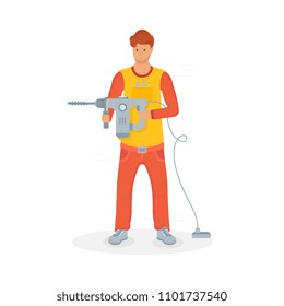 Flat illustration of builder. Man holding a hammer. Vector illustration for web pages.