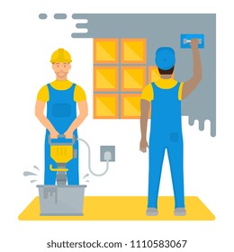 Flat illustration of builders. A man lays tiles. Vector illustration for web pages.