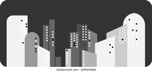 Flat illustration of building with light in the night and monochrome perfect for wallpaper and website