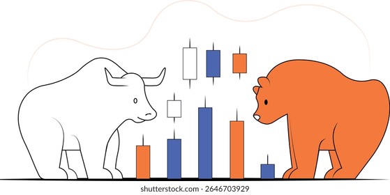 Ilustración plana de un toro y un oso mirando hacia fuera sobre un gráfico de acciones, con un estilo mínimo con Colores sólidos para las finanzas o los Diseños de mercado