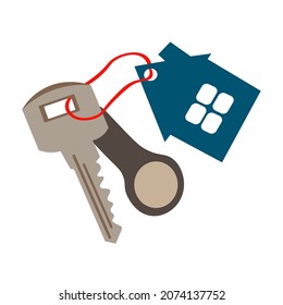 flat illustration of bunch of keys with keychain in the shape of a house on red ribbon. The concept of buying and selling real estate. House keys with keychain.