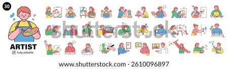 Flat illustration bundle of 30 artist characters doing creative activities like painting, sculpting, thinking, and analyzing art. Perfect for education and design.