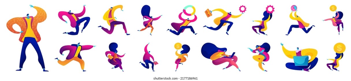 Un conjunto de ilustraciones planas de personajes de colores vivos que se mueven y vuelan. Hombres y mujeres de negocios y empresarios. Caricatura artística en poses dinámicas trabajando en laptops y caminar.