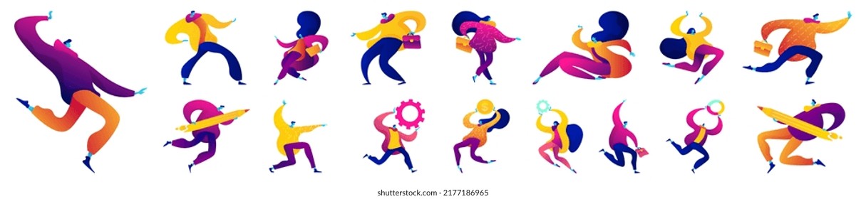 Flat illustration bundle of bright colorful characters with different elements. Flying men and women businessmen and entrepreneurs. Artistic cartoon people in dynamic poses walking and running.