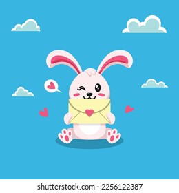 Flat Illustration of Bunny Holding a Love Letter. Valentine's Day Vector Illustration.