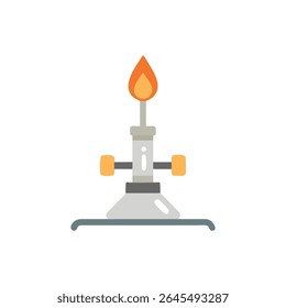 Ilustração plana de um queimador Bunsen. Equipamento de laboratório de ciências para aquecimento de substâncias. Design simples com chama laranja no fundo branco.