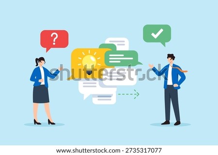 Flat illustration of business colleagues resolving misunderstanding by clarifying lightbulb idea through structured chat bubbles with checkmark