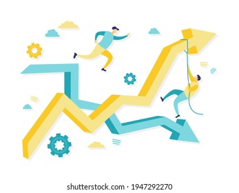 Flat illustration Business concept of both crisis and recovery with arrow chart. Beautiful flat illustration with blue and yellow colors. Finance concept.