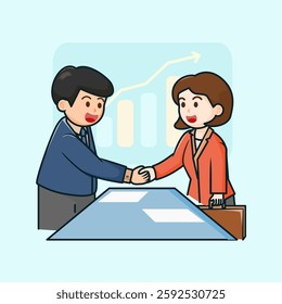 Flat illustration of business handshake between businessman and businesswoman with chart background, pastel blue. Professional partnership and deal concept.