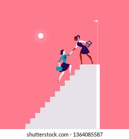 Flat illustration with business ladies climbing on top of white stairs together on red background. Victory, achievement, reaching aim, partnership, motivation, lady team, feminism - metaphor.