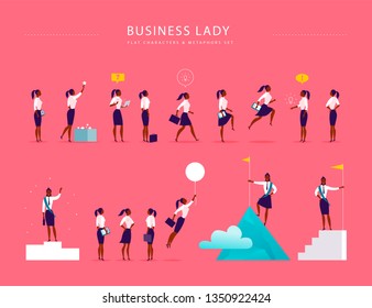 Flat illustration with business lady office characters & metaphors isolated on pink background. Concepts portraits for different business situations - leadership, idea, achievement, aspirations