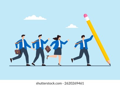 Flat illustration of business leader guiding team by drawing path line with large pencil for leadership vision and achieve success