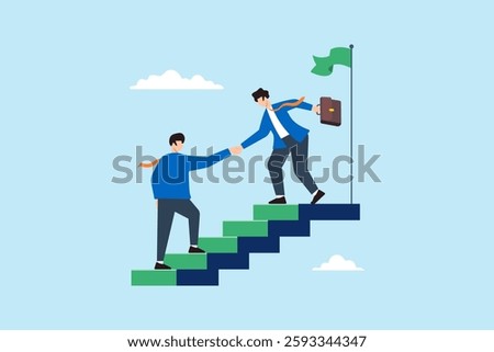 Flat illustration business leader help employee climb top stair with green flag symbolizing mentoring support achieving success