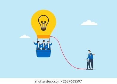 Flat illustration of business leader inflating idea balloon lifting team in basket toward innovation success