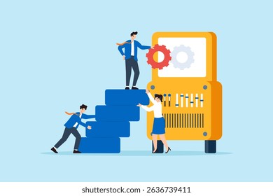 Flat illustration of business leader inserting gear into productivity machine with team support for innovation
