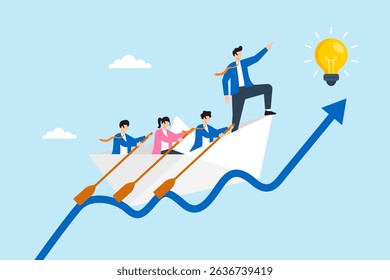 Flat illustration of business leader navigating paper boat with team on rising graph wave toward innovation and startup success