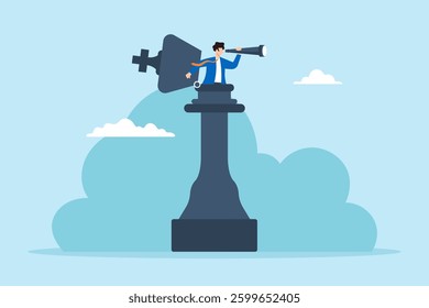Flat illustration of business leader open chess king while looking through binocular planning business strategy