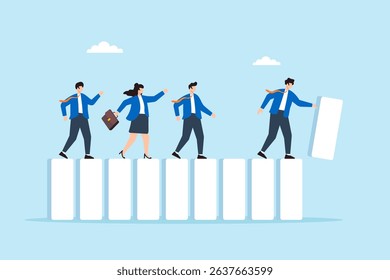 Flat illustration of business leader placing domino tiles to build workflow path while team follows
