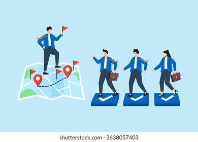 Flat illustration of business leader placing red flags on roadmap while team follows through strategic checkmark checkpoints