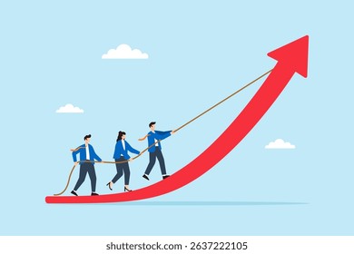 Flat illustration of business leader pulling rope on rising arrow graph with team climbing innovation curve toward business growth