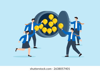 Flat illustration of business leader unlocking vault filled with bright ideas while team gathers innovation resources for startup mission
