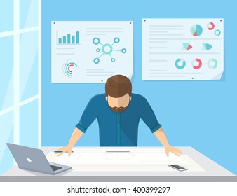 Flat illustration of business man stands near the workdesk and looks at the paper on the table