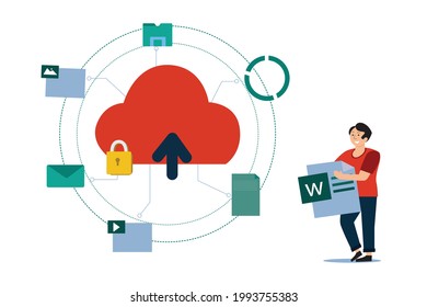 Flache Illustration von Geschäftsleuten, die große Datendateien auf Cloud-Daten hochladen. Moderne Technologie ermöglicht überall ohne Festplatte zu arbeiten.