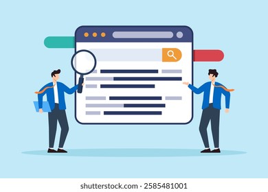 Flat illustration of business marketing team move website up in search ranking for better SEO performance