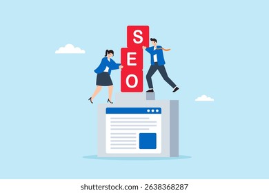 Flat illustration of business marketing team stacking SEO blocks to elevate website visibility on search engine ranking podium