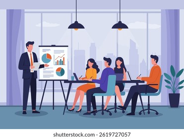 Ilustração plana de uma reunião de negócios com um apresentador explicando aos colegas os dados em um quadro de comunicações. O cenário é definido em um ambiente de escritório moderno, destacando o trabalho em equipe, a colaboração