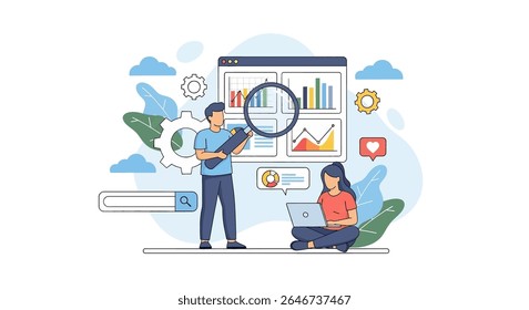 Ilustração plana de uma reunião de negócios com um apresentador explicando aos colegas os dados em um quadro de comunicações. Situado em um ambiente de escritório moderno, destacando o trabalho em equipe, a colaboração