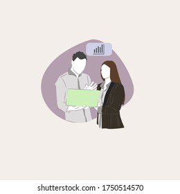 flat Illustration of business men and women who are looking at business charts on a laptop