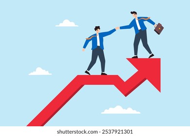 Flat illustration of business mentor help coworker climb growth arrow chart offering guidance leadership and career advice for improve success