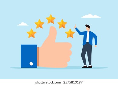 Flat illustration of business owner give big thumb up with five stars symbolizing high quality service