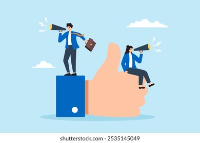 Flat illustration of business people announce with megaphone on thumbs up representing positive recommendations reviews and feedback
