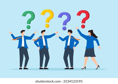 Flat illustration of business people ask with question mark signs seeking help and solutions in discussions