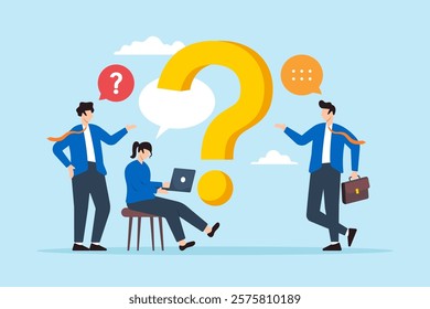 Flat illustration of business people ask question and give answer symbolizing teamwork and problem solving through FAQ discussion