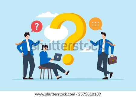 Flat illustration of business people ask question and give answer symbolizing teamwork and problem solving through FAQ discussion